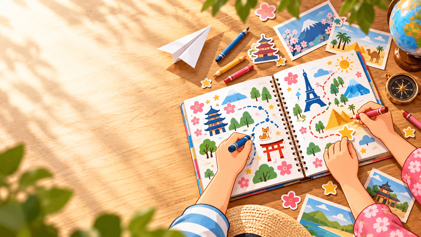Des enfants colorient et jouent avec un cahier de voyage
