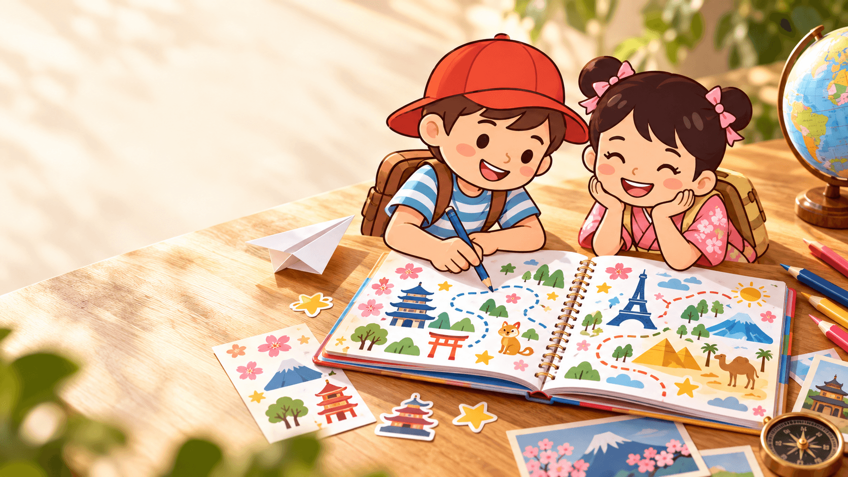 Luna et Adam jouent avec un cahier de voyage illustré